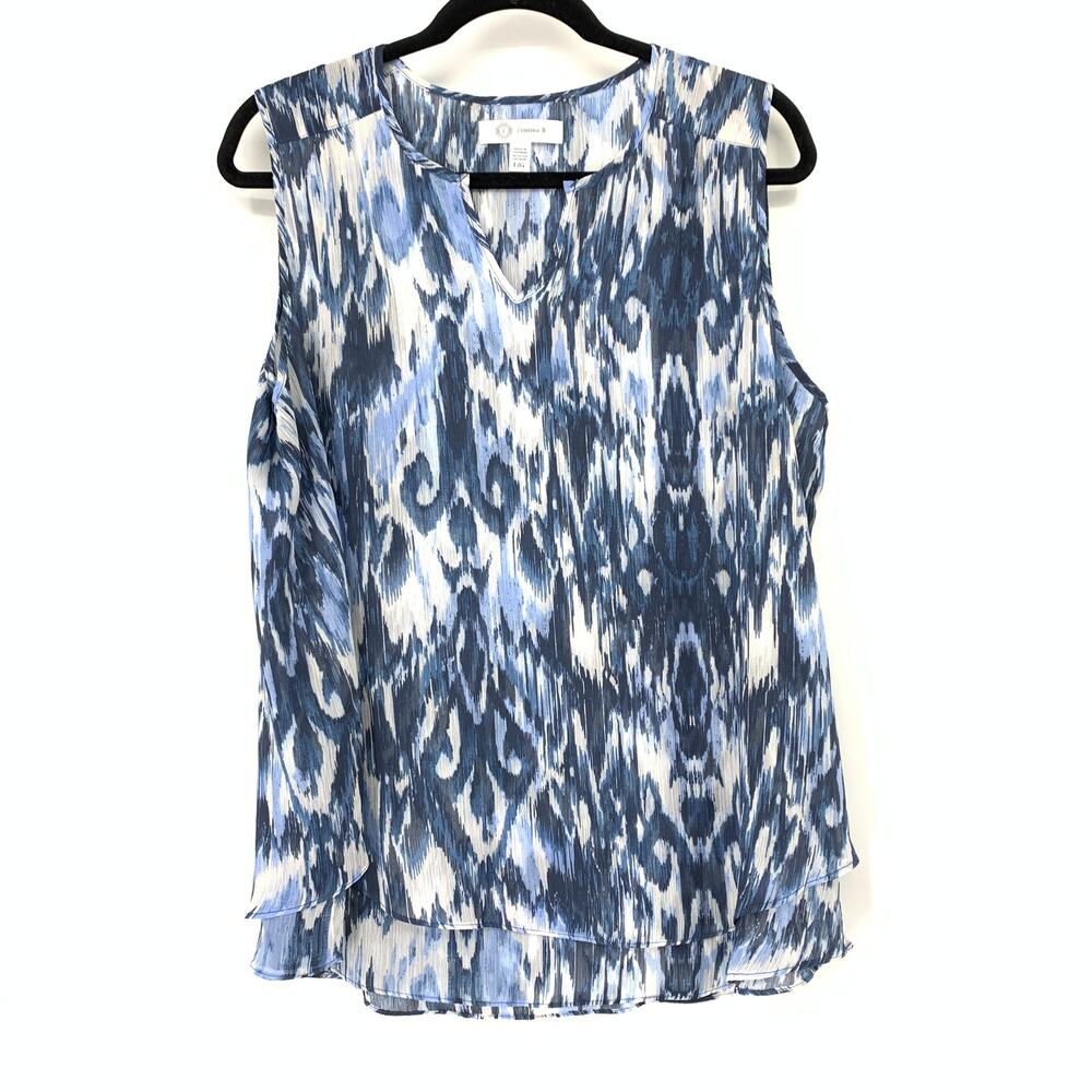 Cristina B Sleeveless Blouse Womens Size Large Blue White Ikat Print